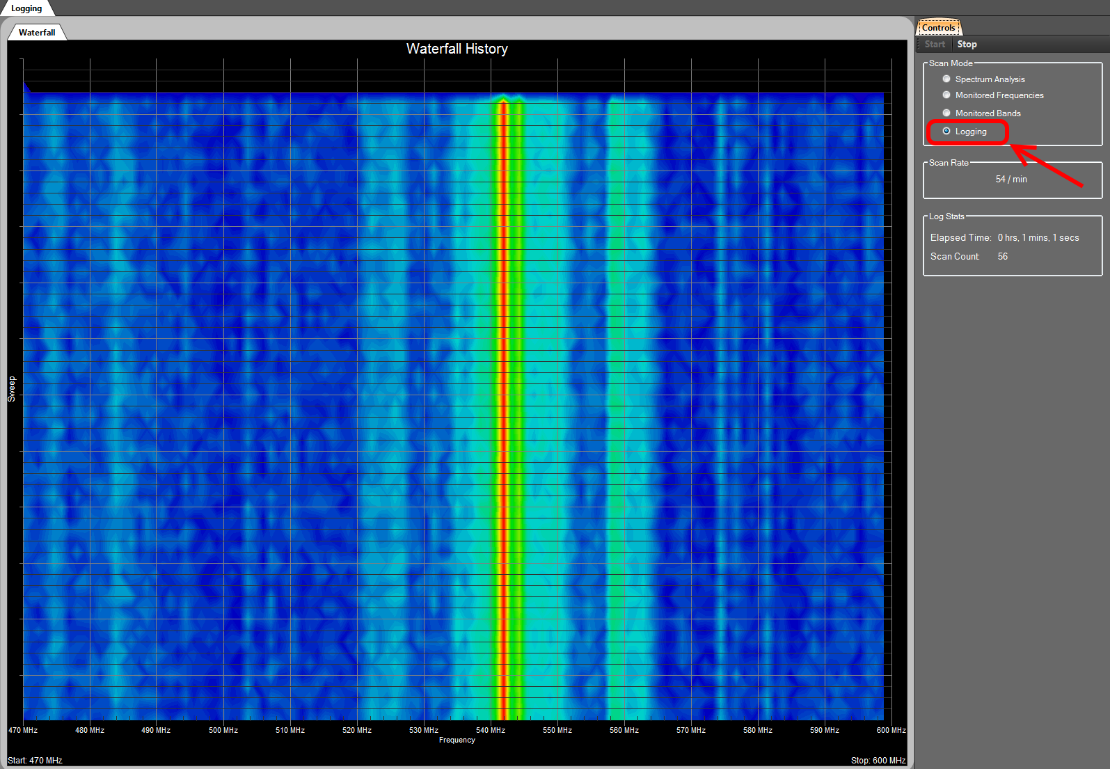 Touchstone RF spectrum analyzer software -- Data Logging mode